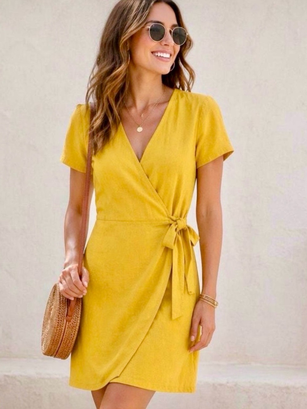 NEW J Crew mustard wrap a-line textured short sleeve dress S